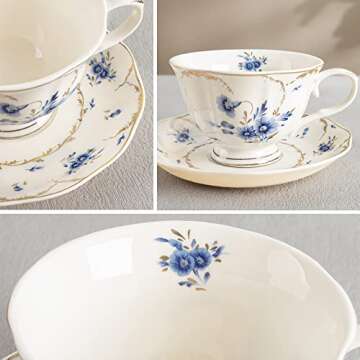 fanquare Blue Tea Cup and Saucer Set for 1, Floral Coffee Cup with Plate Set, English Porcelain Tea ...