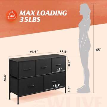 WLIVE Dresser for Bedroom with 5 Drawers, Long Fabric Dresser, Storage Drawer Unit with Fabric Bins for Closet, Living Room, Hallway, Nursery, Charcoal Black, Size L