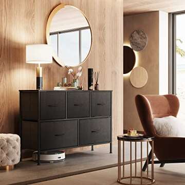 WLIVE Dresser for Bedroom with 5 Drawers, Long Fabric Dresser, Storage Drawer Unit with Fabric Bins for Closet, Living Room, Hallway, Nursery, Charcoal Black, Size L