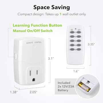 BN-LINK Mini Wireless Remote Control Outlet Switch Power Plug in for Household Appliances, Wireless Remote Light Switch, LED Light Bulbs, White (2 Remotes + 5 Outlets) 1250W/10A