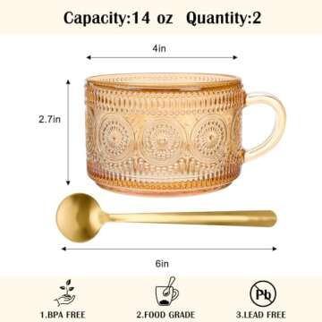 Moretoes 2 Pack Vintage Coffee Mugs, 14oz Glass Coffee Mugs, Overnight Oats Containers with Spoons, ...