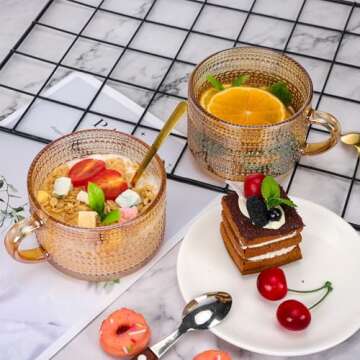 Moretoes 2 Pack Vintage Coffee Mugs, 14oz Glass Coffee Mugs, Overnight Oats Containers with Spoons, Amber Embossed Glass Tea Cups for Cappuccino, Latte, Cereal, Yogurt