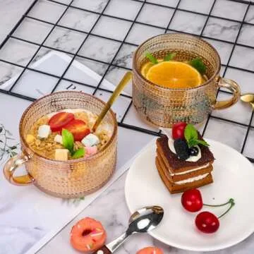 Moretoes 2 Pack Vintage Coffee Mugs, 14oz Glass Coffee Mugs, Overnight Oats Containers with Spoons, Amber Embossed Glass Tea Cups for Cappuccino, Latte, Cereal, Yogurt