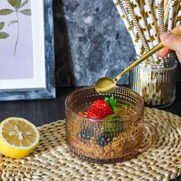 Moretoes 2 Pack Vintage Coffee Mugs, 14oz Glass Coffee Mugs, Overnight Oats Containers with Spoons, Amber Embossed Glass Tea Cups for Cappuccino, Latte, Cereal, Yogurt