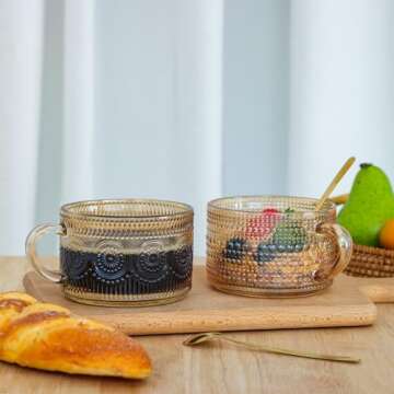 Moretoes 2 Pack Vintage Coffee Mugs, 14oz Glass Coffee Mugs, Overnight Oats Containers with Spoons, Amber Embossed Glass Tea Cups for Cappuccino, Latte, Cereal, Yogurt