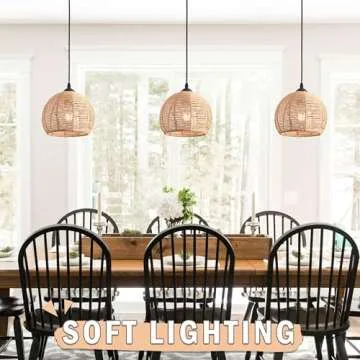 AyshwillDec 3 Pack Wicker Pendant Light Natural Woven Pendant Light Boho Chandelier Light Fixture Dome Rustic Farmhouse Pendant Light Rattan Light Fixture for Dining Room Kitchen Island (Bulb Incl.)