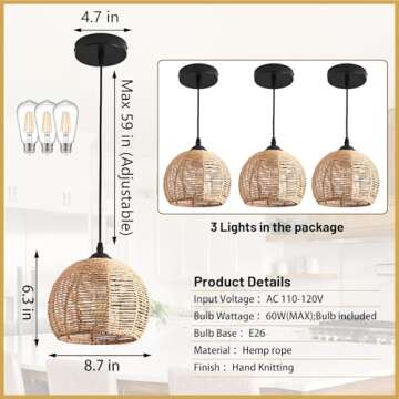 AyshwillDec 3 Pack Wicker Pendant Light Natural Woven Pendant Light Boho Chandelier Light Fixture Dome Rustic Farmhouse Pendant Light Rattan Light Fixture for Dining Room Kitchen Island (Bulb Incl.)
