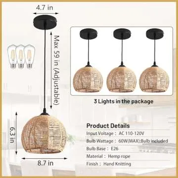 AyshwillDec 3 Pack Wicker Pendant Light Natural Woven Pendant Light Boho Chandelier Light Fixture Dome Rustic Farmhouse Pendant Light Rattan Light Fixture for Dining Room Kitchen Island (Bulb Incl.)