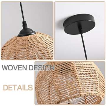 AyshwillDec 3 Pack Wicker Pendant Light Natural Woven Pendant Light Boho Chandelier Light Fixture Dome Rustic Farmhouse Pendant Light Rattan Light Fixture for Dining Room Kitchen Island (Bulb Incl.)