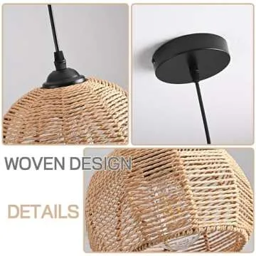 AyshwillDec 3 Pack Wicker Pendant Light Natural Woven Pendant Light Boho Chandelier Light Fixture Dome Rustic Farmhouse Pendant Light Rattan Light Fixture for Dining Room Kitchen Island (Bulb Incl.)