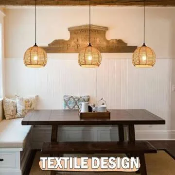 AyshwillDec 3 Pack Wicker Pendant Light Natural Woven Pendant Light Boho Chandelier Light Fixture Dome Rustic Farmhouse Pendant Light Rattan Light Fixture for Dining Room Kitchen Island (Bulb Incl.)