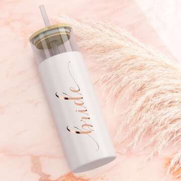 Bride to Be Iced Coffee Tumbler with Bamboo Lids and Straws | 20 oz Mason Jar Cups & Iced Coffee Cup...