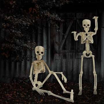 ENVEN Posable Halloween Skeleton 16" Pumpkin Full Body Skeleton Decor with Movable Joints Spooky Plastic Hanging Ghost Skeleton for Yard Garden Lawn Haunted House Graveyard Props (3 Packs)