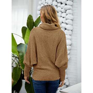 Womens Cowl Neck Pullover Sweater with Pockets Batwing Long Sleeve Sweatshirts Casual Lantern Turtleneck Jumper Tops Khaki