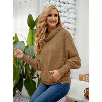 Womens Cowl Neck Pullover Sweater with Pockets Batwing Long Sleeve Sweatshirts Casual Lantern Turtleneck Jumper Tops Khaki