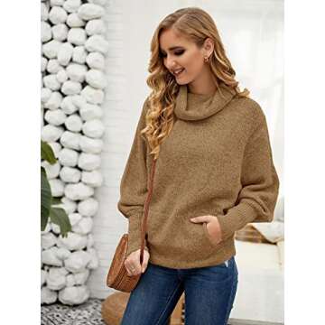 Womens Cowl Neck Pullover Sweater with Pockets Batwing Long Sleeve Sweatshirts Casual Lantern Turtleneck Jumper Tops Khaki
