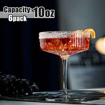 wookgreat Vintage Art Deco Coupe Glasses, Set of 6 Ribbed Cocktail Glasses, 10 oz Classic Martini Gl...