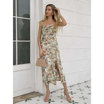 UTNISAN Women's Cowl Neck Spaghetti Strap Satin Slip Wedding Guest Formal Midi Evening Dress (XS, Gr...