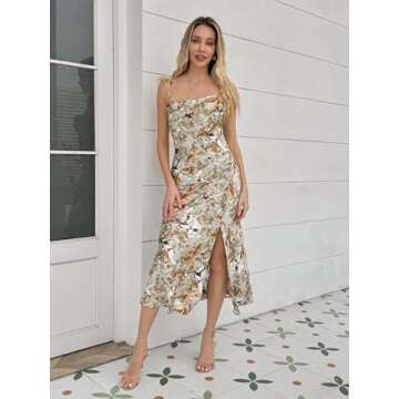 UTNISAN Women's Cowl Neck Spaghetti Strap Satin Slip Wedding Guest Formal Midi Evening Dress (XS, Green Floral