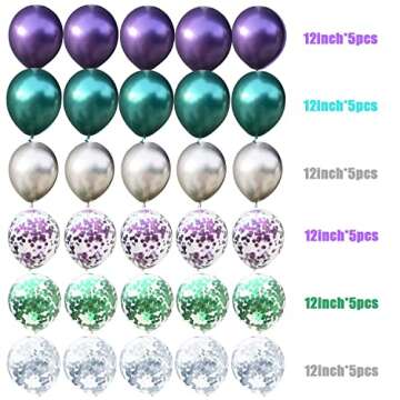 Mermaid Party Balloons Supplies Birthday Decorations Pack of 32 - Green and Purple Metallic Balloons with Glitter Confetti Clear Sparkle Decorations Party Balloon Kit for Birthday