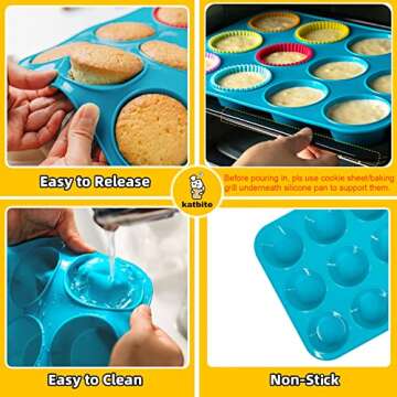 katbite Silicone Muffin Pan Set, Non-stick BPA Free Cupcake Pans 12&24 Cups, Food Grade Silicone Molds with 6 Silicone Baking Cups, Reusable Muffin Tin for Egg Muffin, Cupcake, Fat Bomb, Cheesecakes