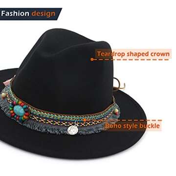 Gossifan Men Women Vintage Felt Fedora Hat Wide Brim Panama Hats with Buckle-A-black
