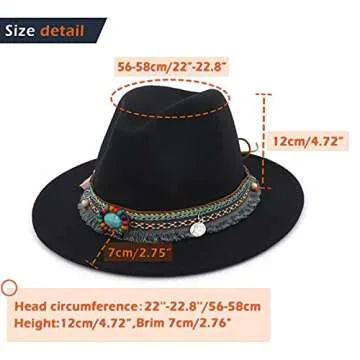 Gossifan Men Women Vintage Felt Fedora Hat Wide Brim Panama Hats with Buckle-A-black