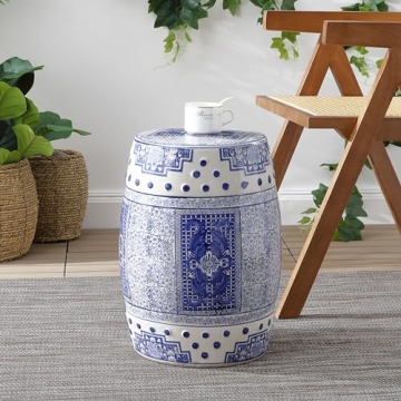 JONATHAN Y TBL1003A Acanthus 17.8" Chinoiserie Ceramic Drum Indoor/Outdoor Garden Stool, Bohemian, Coastal, Classic, Cottage, French Country, Traditional, Living Room, Garden Room, Patio, Blue/White