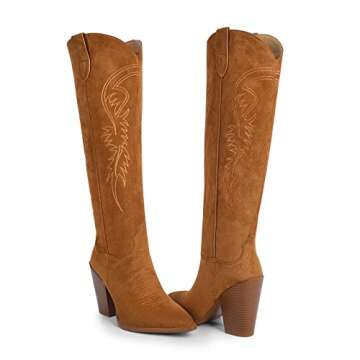 ISNOM Cowboy Boots for Women - Comfortable Knee High Western Style Boots
