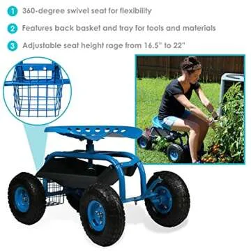 Sunnydaze Rolling Gardening Cart with Adjustable 360-Degree Swivel Seat - Utility Tool Tray and Storage Basket - Blue
