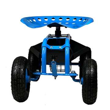 Sunnydaze Rolling Gardening Cart with Adjustable 360-Degree Swivel Seat - Utility Tool Tray and Storage Basket - Blue