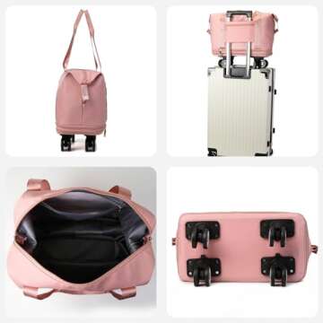 Expandable Large Capacity Weekender and Gym Tote for Women: Versatile Travel Duffel with Detachable Wheels and Dry-Wet Separation, Water-Resistant - Ideal Carry On Bag