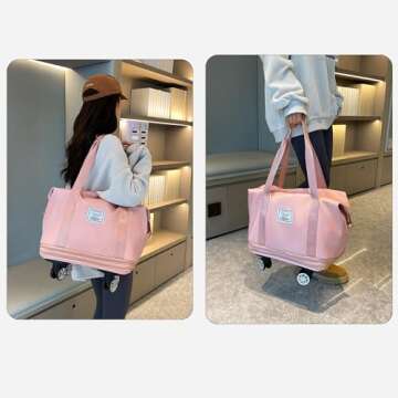Expandable Large Capacity Weekender and Gym Tote for Women: Versatile Travel Duffel with Detachable Wheels and Dry-Wet Separation, Water-Resistant - Ideal Carry On Bag