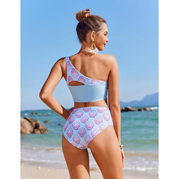 AI'MAGE Women's Bikini Sets Reversible Wear Cutout One Shoulder Top with Mid Waist Two Piece Bathing Suit Light Blue M