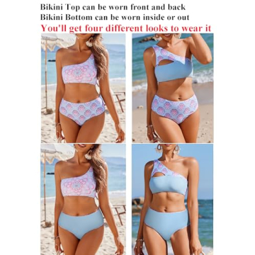 AI'MAGE Women's Bikini Sets Reversible Wear Cutout One Shoulder Top with Mid Waist Two Piece Bathing Suit Light Blue M