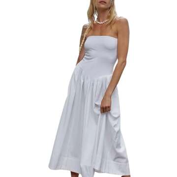 YHLZBNH Women's Summer Strapless Midi Dress 2024 Trendy Corset Tube Patchwork Ruffle Wedding Guest Party Dresses (White, M)