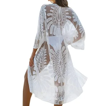 Blooming Jelly Women's Floral Lace Kimono Cover Up - Stylish 3/4 Sleeve Summer Swimwear