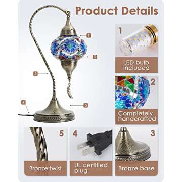 Yarra-Decor Turkish Moroccan Mosaic Table Lamp with Bronze Base - 3 Color Options Handmade Swan Neck Tiffany Mosaic Glass Bedside Lamps for Bedroom, 19" Blue1(LED Bulb Included)
