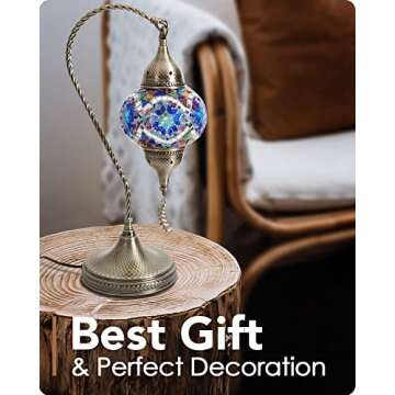 Yarra-Decor Turkish Moroccan Mosaic Table Lamp with Bronze Base - 3 Color Options Handmade Swan Neck Tiffany Mosaic Glass Bedside Lamps for Bedroom, 19" Blue1(LED Bulb Included)