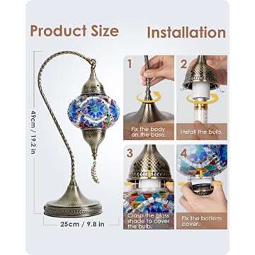 Yarra-Decor Turkish Moroccan Mosaic Table Lamp with Bronze Base - 3 Color Options Handmade Swan Neck Tiffany Mosaic Glass Bedside Lamps for Bedroom, 19" Blue1(LED Bulb Included)
