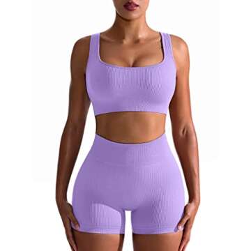 OQQ Women's Workout 2 Piece Seamless Ribbed High Waist Legging Sports Exercise Set Bra Outfit, Lavender, Small