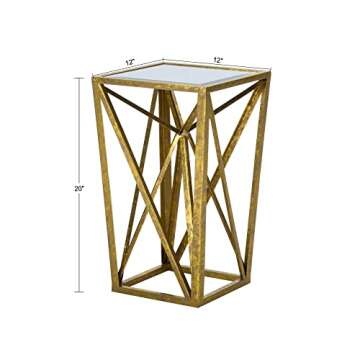 Madison Park Zee Accent Tables For Living Room, Glass Top Hollow, Small Metal Frame Geometric Angular Design Luxe Modern Stylish Nightstand Bedroom Furniture, Gold