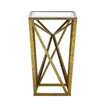 Madison Park Zee Accent Tables For Living Room, Glass Top Hollow, Small Metal Frame Geometric Angular Design Luxe Modern Stylish Nightstand Bedroom Furniture, Gold