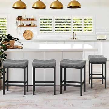 LUE BONA Counter Height Bar Stools, 24 Inch Saddle Backless Bar Stools Set of 4 for Kitchen Counter, Faux Leather Counter Stools with Black Metal Legs, Modern Kitchen Island stools, Dark Gray