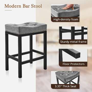 LUE BONA Counter Height Bar Stools, 24 Inch Saddle Backless Bar Stools Set of 4 for Kitchen Counter, Faux Leather Counter Stools with Black Metal Legs, Modern Kitchen Island stools, Dark Gray