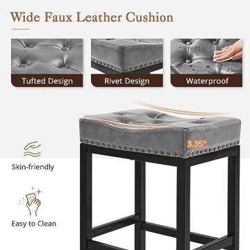 LUE BONA Counter Height Bar Stools, 24 Inch Saddle Backless Bar Stools Set of 4 for Kitchen Counter, Faux Leather Counter Stools with Black Metal Legs, Modern Kitchen Island stools, Dark Gray