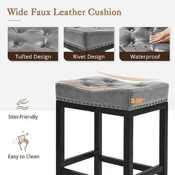 LUE BONA Counter Height Bar Stools, 24 Inch Saddle Backless Bar Stools Set of 4 for Kitchen Counter, Faux Leather Counter Stools with Black Metal Legs, Modern Kitchen Island stools, Dark Gray