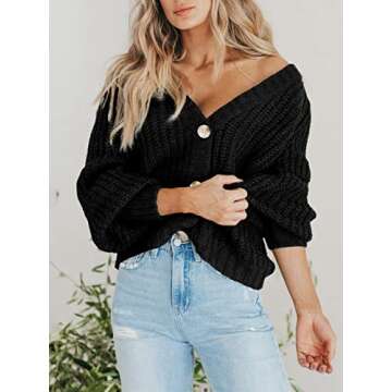 PRETTYGARDEN Women's Short Cardigan Sweaters V Neck Button-Down Long Sleeve Oversized Chunky Knit Cardigans (Black,Medium)