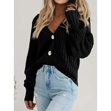 PRETTYGARDEN Women's Short Cardigan Sweaters V Neck Button-Down Long Sleeve Oversized Chunky Knit Cardigans (Black,Medium)