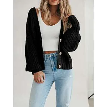 PRETTYGARDEN Women's Short Cardigan Sweaters V Neck Button-Down Long Sleeve Oversized Chunky Knit Cardigans (Black,Medium)